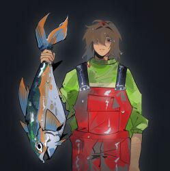  1other animal black_background brown_hair commentary deltarune english_commentary fish green_sweater hair_over_one_eye highres holding holding_animal holding_fish kris_(deltarune) medium_hair other_focus overalls paaaincake red_eyes red_overalls solo sweater utdr_(toby_fox) 