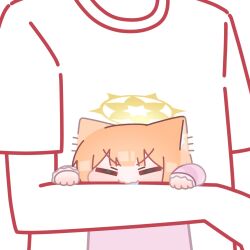  1boy 1girl animal_ear_fluff animal_ears biting biting_another&#039;s_arm blue_archive blunt_bangs blush chibi closed_eyes commentary drooling english_commentary halo highres horuhara long_sleeves mari_(blue_archive) no_nose orange_hair pajamas pink_pajamas saliva shirt short_sleeves solo_focus v-shaped_eyebrows yellow_halo 