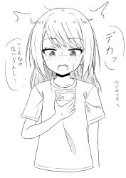  1girl cellphone cropped_torso flat_chest greyscale highres holding holding_phone lineart long_hair monochrome open_mouth original phone shirt short_sleeves smartphone solo takasuma_hiro translation_request 