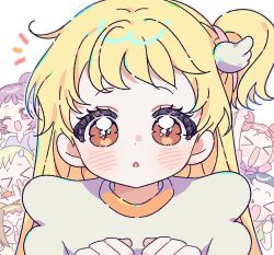  >_< 6+girls :d :o alternate_hairstyle arms_up asuka_momoko blonde_hair blue_hair blush brown_hair chibi closed_eyes commentary double_bun fujiwara_hazuki glasses hair_bun hair_ornament hair_tie harukaze_doremi highres long_hair looking_at_viewer makihatayama_hana multiple_girls ojamajo_doremi one_side_up open_mouth pink_hair purple_hair revision segawa_onpu senoo_aiko shirt short_hair smile solo_focus upper_body white_shirt wing_hair_ornament xd yalmyu 
