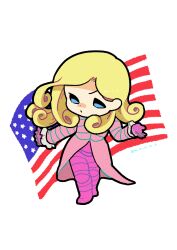  1boy absurdres american_flag bishounen blonde_hair blue_eyes chibi commentary curly_hair funny_valentine gloves highres jojo_no_kimyou_na_bouken jojo_pose long_coat long_hair m_a_a_m_8 male_focus outstretched_arms pants pink_gloves pink_hair pink_pants simple_background solo spread_arms steel_ball_run symbol-only_commentary white_background 