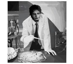  1boy against_table alternate_costume black_eyes black_hair black_necktie black_pants border coat collared_shirt facial_hair gloves goatee greyscale half-closed_eyes highres holding holding_scissors indoors lab_coat laboratory long_sideburns looking_to_the_side monochrome necktie one_piece open_clothes open_coat outside_border pants rabu99 scientist scissors shadow shirt short_hair sideburns standing trafalgar_law unworn_headwear white_border white_gloves white_shirt 