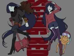  ._. 1boy 1girl adventure_time adventure_time_(comic) backpack bag bass_guitar beanie bite_mark bite_mark_on_neck black_boots black_hair black_skirt boots brown_boots brown_scarf clenched_hand closed_mouth colored_skin commentary_request english_text fangs flat_color grey_background grey_pants grey_shirt grey_skin hand_on_own_head hat helmet high_heel_boots high_heels instrument jake_the_dog long_hair long_sleeves marceline_abadeer multiple_views official_alternate_costume open_mouth pants purple_thighhighs raya_(uk_0128) red_hat red_shirt scarf shirt simple_background skirt thigh-highs vampire very_long_hair wavy_mouth 