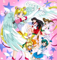  5girls aino_minako anello81 angel_wings back_bow bishoujo_senshi_sailor_moon bishoujo_senshi_sailor_moon_stars black_hair blonde_hair blue_choker blue_eyes blue_hair blue_sailor_collar blue_skirt bow brooch brown_hair choker crescent crescent_earrings crescent_facial_mark double_bun earrings elbow_gloves eternal_moon_article eternal_sailor_moon facial_mark forehead_mark garnet_rod gloves green_choker green_eyes green_sailor_collar hair_bobbles hair_bow hair_bun hair_ornament heart heart_brooch heart_hair_bun highres hino_rei jewelry kino_makoto layered_skirt long_hair magical_girl mizuno_ami multiple_girls orange_choker orange_sailor_collar orange_skirt ponytail red_bow red_choker red_sailor_collar red_skirt sailor_collar sailor_jupiter sailor_mars sailor_mercury sailor_moon sailor_senshi sailor_senshi_uniform sailor_venus short_hair skirt smile star_(symbol) star_choker super_sailor_jupiter super_sailor_mars super_sailor_mercury super_sailor_venus tsukino_usagi twintails very_long_hair violet_eyes white_gloves wing_brooch wings 