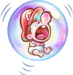  baby baby_mario brown_hair bubble crying diaper harada_masamichi hat highres mario official_art open_mouth red_hat short_hair simple_background sitting solo super_mario_bros. teeth transparent_background upper_teeth_only yoshi's_new_island 