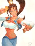  armpit blue_eyes breasts brown_hair capcom cleavage dark_skin jewelry large_breasts midriff necklace omar_dogan ponytail pullum_purna street_fighter street_fighter_ex vest 