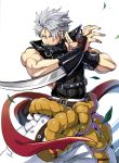  1boy arm_blade bare_shoulders belt blade buckle chipp_zanuff covered_navel earrings fuji_kei guilty_gear_2020 guilty_gear_strive hair_over_one_eye hand_gesture jewelry leaf male_focus muscle red_eyes silver_hair simple_background solo weapon white_background 