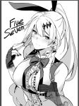  1girl asakawa_(outeq) bare_shoulders blouse blush bow breasts bunny_hair_ornament character_name crescent crescent_earrings earrings fingerless_gloves fingernails five-seven_(girls_frontline) five-seven_(gun) frilled_blouse frills girls_frontline gloves greyscale gun hair_between_eyes hair_ornament hair_ribbon hand_in_hair handgun high_ponytail holster holstered_weapon jewelry large_breasts looking_at_viewer monochrome object_namesake pistol ribbon sidelocks solo tsurime upper_body weapon white_background 