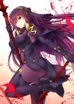  1girl ass bangs bodysuit breasts capelet circlet commentary_request emanon123 eyebrows_visible_through_hair fate/grand_order fate_(series) from_side gae_bolg hair_between_eyes high_heels highres large_breasts long_hair looking_at_viewer parted_lips pauldrons polearm purple_bodysuit purple_hair red_eyes scathach_(fate)_(all) scathach_(fate/grand_order) simple_background solo spear standing standing_on_one_leg thighs veil very_long_hair weapon white_background 