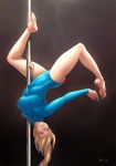  1girl bare_legs barefoot blonde_hair blue_eyes blue_leotard breasts commentary_request feet finalcake large_breasts leotard long_hair long_sleeves metroid mole mole_under_mouth pole_dancing ponytail samus_aran soles solo upside-down 