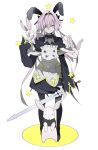  1boy absurdres astolfo_(fate) astolfo_(saber)_(fate) bangs black_bow black_ribbon bow bowtie commentary_request dress fate/grand_order fate_(series) frills grey_hair hair_bow hair_intakes hair_ribbon highres holding holding_sword holding_weapon long_hair long_sleeves looking_at_viewer otoko_no_ko rabbit ribbon simple_background sleeves_past_fingers sleeves_past_wrists solo star sword thigh-highs twintails umiu_c violet_eyes weapon white_background 