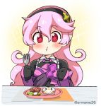  1girl alternate_color armor black_hairband corrin_(fire_emblem) corrin_(fire_emblem)_(female) eating eromame fire_emblem fire_emblem_fates fork gen_8_pokemon hairband holding holding_fork long_hair pink_hair plate pointy_ears pokemon red_eyes scorbunny simple_background solo table twitter_username 