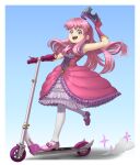  1girl :d absurdres blue_eyes border bow_footwear dress full_body gloves hat_tip highres kick_scooter long_hair mary_janes medium_dress outside_border pantyhose pink_dress pink_footwear pink_gloves pink_hair princess princess_(terraria) shoes smile solo standing standing_on_one_leg suweeka teeth terraria tiara white_border white_legwear 