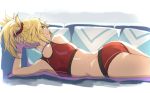  1girl ass back bangs bare_shoulders bikini blonde_hair braid closed_mouth fate/apocrypha fate_(series) french_braid green_eyes hair_ornament hair_scrunchie long_hair looking_at_viewer looking_back lying mordred_(fate) mordred_(fate)_(all) on_side ponytail red_bikini red_scrunchie scrunchie sidelocks smile solo sports_bikini swimsuit thighs tonee 