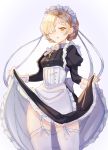  1girl absurdres apron azur_lane bangs blonde_hair braid breasts commentary_request cowboy_shot cross_choker french_braid garter_straps hair_over_one_eye highres juliet_sleeves legs_apart lifted_by_self long_sleeves looking_at_viewer maid maid_headdress open_mouth petticoat puffy_sleeves sheffield_(azur_lane) simple_background skirt skirt_lift small_breasts smile solo thigh-highs uhouhogorigori waist_apron white_background white_legwear yellow_eyes 