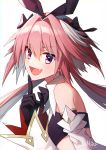  1boy artist_name astolfo_(fate) astolfo_(saber)_(fate) bangs bare_shoulders black_bow black_gloves black_ribbon blush bow bowtie commentary_request eyebrows_visible_through_hair fang fate/grand_order fate_(series) from_side gloves hair_bow hair_intakes hair_ribbon long_hair long_sleeves looking_at_viewer multicolored_hair otoko_no_ko pink_hair ribbon simple_background solo streaked_hair twintails violet_eyes white_background white_hair yuuhi_mika 