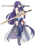  1girl altina bangs bare_shoulders blue_hair blue_legwear breasts dual_wielding fire_emblem fire_emblem:_radiant_dawn fire_emblem_heroes full_body holding holding_sword holding_weapon knee_up large_breasts long_hair looking_at_viewer low-tied_long_hair parted_bangs shiseki_hirame simple_background solo standing standing_on_one_leg sword thigh-highs very_long_hair weapon white_background 
