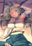  1girl ;o absurdres arm_up armpits bangs bare_shoulders blue_hairband blue_skirt blush breasts commentary_request cowboy_shot detached_sleeves frilled_shirt_collar frills hair_tubes hairband highres kemo_chiharu kochiya_sanae large_breasts long_sleeves looking_at_viewer lying midriff navel on_back one_eye_closed parted_lips sarashi shadow shirt signature single_sidelock skirt solo tatami touhou white_shirt wide_sleeves 