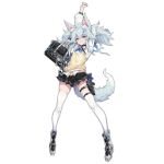  1girl alternate_costume animal_ear_fluff animal_ears arms_up bag bangs beige_vest black_skirt blue_eyes blue_hair blush boots bow bowtie breasts cardigan_vest collared_shirt fox_ears fox_tail girls_frontline grin gun hair_between_eyes hair_ornament handgun heart heart-shaped_pupils holding holding_bag holster looking_at_viewer mab_pa-15 official_art pa-15_(girls_frontline) pistol plaid plaid_skirt school_bag school_uniform shanyao_jiang_tororo shirt sidelocks skindentation skirt small_breasts smile snap-fit_buckle solo standing symbol-shaped_pupils tail thigh-highs thigh_holster transparent_background twintails untucked_shirt vest weapon white_legwear white_shirt yellow_vest 