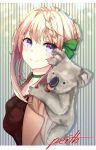  1girl 1other alternate_costume animal bad_anatomy blonde_hair blush braid braided_bun cake_no_shaberu character_name collarbone eyebrows_visible_through_hair green_ribbon hair_between_eyes hair_ribbon highres jacket kantai_collection koala perth_(kantai_collection) ribbon short_hair smile violet_eyes 