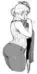  1girl apron ass bare_shoulders breasts closed_eyes denim highres jeans large_breasts light_smile long_hair monochrome pants pointy_ears simple_background sleeveless sleeveless_turtleneck solo sweater synecdoche thick_thighs thighs turtleneck white_background 