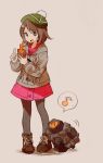  1girl brown_eyes brown_hair cellphone gen_8_pokemon grey_cardigan hat highres hinase_kaguya musical_note pantyhose phone pokemon pokemon_(game) pokemon_swsh rolycoly rotom_phone smartphone spoken_musical_note tam_o&#039;_shanter yuuri_(pokemon) 