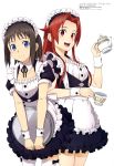  2girls absurdres apron artist_request black_hair blue_eyes cup highres maid maid_apron maid_cafe maid_headdress multiple_girls red_eyes redhead ronye_arabel sword_art_online sword_art_online_alicization teacup teapot thigh-highs tiese_schtrinen 