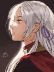  1girl black_background blue_eyes edelgard_von_hresvelg expressionless fire_emblem fire_emblem:_three_houses hair_ribbon long_hair mayo_(becky2006) portrait profile ribbon signature silver_hair simple_background solo 