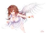  1girl alternate_costume angel angel_wings artist_name baileys_(tranquillity650) blush breasts brown_eyes brown_hair commentary dress eyebrows_visible_through_hair gauntlets hair_between_eyes hair_flaps hair_ornament hairband highres kantai_collection large_breasts long_hair looking_at_viewer open_mouth red_hairband shiratsuyu_(kantai_collection) single_wing smile solo wings 