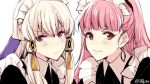  2girls closed_mouth earrings fire_emblem fire_emblem:_three_houses hair_ornament hilda_valentine_goneril jewelry long_hair lysithea_von_ordelia maid maid_headdress multiple_girls naho_(pi988y) pink_eyes pink_hair ponytail simple_background smile twitter_username upper_body white_background white_hair 