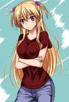  1girl alisa_reinford bangs blonde_hair blue_background blue_pants blush breasts cowboy_shot cropped_arms denim eiyuu_densetsu eyebrows_visible_through_hair hair_between_eyes jeans kagura_yuuto long_hair looking_at_viewer medium_breasts pants red_eyes red_shirt sen_no_kiseki shiny shiny_hair shirt short_sleeves sketch solo standing two_side_up very_long_hair 