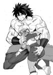  1boy 1girl ass blush broly_(dragon_ball_super) cheelai chest_scar dragon_ball dragon_ball_super_broly embarrassed gloves greyscale highres looking_back monochrome muscle open_mouth pelt scar scouter serious shirtless short_hair shorts sketch spiky_hair synecdoche 