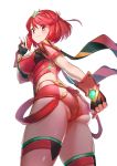  1girl absurdres ass black_gloves breasts commentary_request fingerless_gloves gloves green322 highres pyra_(xenoblade) large_breasts looking_at_viewer looking_back pink_hair red_eyes short_hair short_shorts shorts skindentation solo thighs xenoblade_(series) xenoblade_2 
