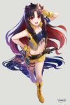  1girl :d arm_ribbon black_hair blue_ribbon boots collarbone crop_top earrings fate/grand_order fate_(series) fingerless_gloves from_above full_body gloves grey_background hand_on_hip ishtar_(fate/grand_order) jewelry looking_at_viewer midriff multicolored_hair navel ng_kina open_mouth red_eyes redhead ribbon short_shorts shorts signature simple_background smile solo standing stomach two-tone_hair yellow_footwear yellow_gloves yellow_shorts 