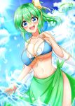  1girl :d absurdres bangs bare_arms bare_shoulders bikini blue_bikini blue_eyes blue_sky blush bow breasts clouds collarbone commentary_request cowboy_shot daiyousei day dutch_angle eyebrows_visible_through_hair fairy_wings front-tie_bikini front-tie_top green_hair groin hair_between_eyes hair_bow hand_up highres large_breasts looking_at_viewer navel nisson_(nisiyuu) open_mouth outdoors sarong short_hair side_ponytail signature sky smile solo standing stomach swimsuit touhou water_drop wings yellow_bow 