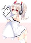  1girl ass ayanami_(azur_lane) ayanami_(niconico)_(azur_lane) azur_lane bangs bare_shoulders blush brown_hair closed_mouth commentary_request eyebrows_visible_through_hair hair_between_eyes headgear headphones high_ponytail long_hair looking_at_viewer looking_to_the_side object_hug off-shoulder_shirt off_shoulder panties ponytail red_eyes shikito shirt short_sleeves single_thighhigh solo thigh-highs underwear white_legwear white_panties white_shirt 