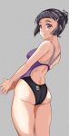  1girl aiuchi alternate_eye_color ass black_hair black_swimsuit braid braided_bun breasts competition_swimsuit cowboy_shot from_behind hair_bun highleg highleg_swimsuit highres kantai_collection medium_breasts multicolored multicolored_clothes multicolored_swimsuit myoukou_(kantai_collection) one-piece_swimsuit purple_swimsuit shoulder_blades solo standing swimsuit violet_eyes 