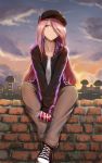  1girl bangs black_cardigan brown_eyes brown_pants can casual closed_mouth collarbone earrings evening highres holding holding_can jewelry jojobirdz little_witch_academia long_hair long_sleeves looking_at_viewer outdoors pants parted_bangs pink_hair shoes sitting sneakers solo sucy_manbavaran unzipped very_long_hair 