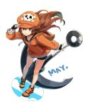  1girl anchor backpack bag black_gloves brown_backpack brown_eyes brown_hair clouds collarbone fingerless_gloves fuji_kei gloves guilty_gear guilty_gear_2020 guilty_gear_strive hair_between_eyes hat highres holding_anchor long_hair may_(guilty_gear) orange_headwear orange_sweater short_shorts shorts simple_background smile solo sweater white_background zipper zipper_pull_tab 