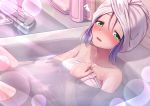  1girl bare_shoulders bathing bathroom bathtub blush collarbone half-closed_eyes hand_on_own_chest idolmaster idolmaster_million_live! indoors kuro_kinkan leaning legs_up looking_at_viewer mochizuki_anna naked_towel nose_blush open_mouth partially_submerged purple_hair short_hair sidelocks sitting soap_bottle soap_bubbles solo steam towel towel_on_head water 
