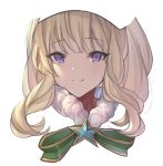  1girl bangs betabeet blonde_hair cagliostro_(granblue_fantasy) closed_mouth commentary eyebrows_visible_through_hair fur_collar granblue_fantasy green_ribbon highres long_hair looking_at_viewer portrait ribbon sidelocks simple_background smile solo star violet_eyes white_background 