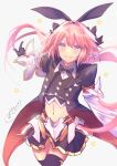  1boy astolfo_(fate) astolfo_(saber)_(fate) bangs belt black_bow black_gloves black_jacket black_legwear black_neckwear black_ribbon black_skirt blush bow bowtie buttons chain closed_mouth coattails crop_top fang fate/grand_order fate_(series) faulds gloves hair_between_eyes hair_bow hair_intakes hair_ribbon ittokyu jacket juliet_sleeves long_hair long_sleeves looking_at_viewer low_twintails midriff multicolored_hair navel open_clothes open_jacket otoko_no_ko pink_hair pleated_skirt puffy_sleeves ribbon skirt smile solo star streaked_hair thigh-highs thighs twintails violet_eyes white_hair wide_sleeves wing_collar 