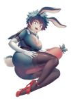  1girl animal_ears ass bangs black_legwear bodysuit boku_no_hero_academia breasts bunny_tail carrot commentary_request freckles genderswap genderswap_(mtf) gloves green_bodysuit green_eyes green_hair highres large_breasts looking_at_viewer lying midoriya_izuku on_side open_mouth rabbit_ears red_footwear salmon_(657931354) short_hair simple_background smile solo stuffed_toy tail thigh-highs tongue tongue_out white_background white_gloves 
