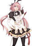  1boy akatsuki_ikki astolfo_(fate) astolfo_(saber)_(fate) bangs black_bow black_dress black_gloves black_legwear black_neckwear black_ribbon blush bow bowtie buttons dress fang fate/grand_order fate_(series) gloves hair_between_eyes hair_bow hair_intakes hair_ribbon hand_on_hip index_finger_raised juliet_sleeves layered_skirt long_hair long_sleeves looking_at_viewer low_twintails multicolored_hair one_eye_closed open_mouth otoko_no_ko pink_hair puffy_sleeves ribbon skirt smile solo streaked_hair thigh-highs twintails violet_eyes white_hair white_skirt wide_sleeves wing_collar 