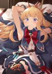  1girl armpits bangs bed belt black_gloves black_legwear blonde_hair blue_cape blue_eyes blue_skirt blush bound bound_wrists bow bowtie bracelet cagliostro_(granblue_fantasy) cape clenched_teeth gloves granblue_fantasy hairband hinami_(hinatamizu) jewelry long_hair long_sleeves lying partly_fingerless_gloves pillow red_neckwear ribbon shirt skirt solo spiked_hairband spikes sweat teeth thigh-highs tiara vial white_shirt 