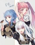  3girls bird blue_hair braid crown_braid fire_emblem fire_emblem:_three_houses garreg_mach_monastery_uniform grey_background highres hilda_valentine_goneril long_hair lysithea_von_ordelia marianne_von_edmund multiple_girls open_mouth parted_lips pink_eyes pink_hair simple_background toremoro_(yuka09144) twintails uniform white_hair 