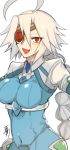  1girl ahoge armor bangs blazblue blush bodysuit braid breasts collar eyepatch grey_hair hair_between_eyes happy highres long_hair neckwear nu-13 red_eyes roas01b silver_hair single_braid smile solo very_long_hair white_hair yandere 