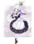  1girl closed_mouth fire_emblem fire_emblem:_three_houses full_body hair_ornament holding holding_staff houkiri_nemu long_hair long_sleeves lysithea_von_ordelia maid maid_headdress pink_eyes shoes smile solo staff white_hair white_legwear 