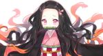  1girl bamboo black_hair highres japanese_clothes kamado_nezuko kimetsu_no_yaiba kimono long_hair looking_at_viewer mouth_hold multicolored_hair orange_hair pink_eyes pink_kimono simple_background solo upper_body urim_(paintur) white_background 