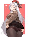  1girl ass ass_visible_through_thighs asymmetrical_bangs azur_lane bangs belfast_(azur_lane) belfast_(shopping_with_the_head_maid)_(azur_lane) blush border food from_below grey_hair hat highres long_hair midriff outside_border panties panties_under_pantyhose pantyhose pocky pocky_kiss red_background smile solo sweater thighband_pantyhose thighs tommy830219 underwear violet_eyes white_border 